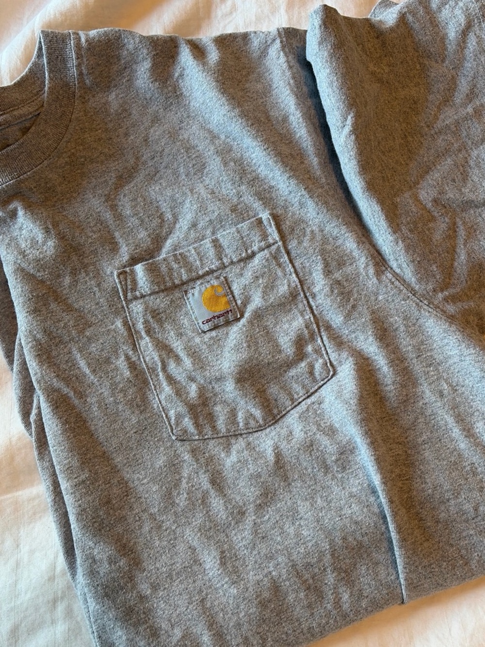 Carhartt Heather Gray Pocket Tee with Gold Logo Patch